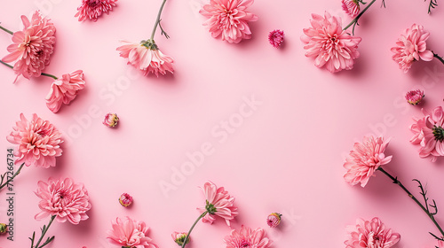 Lightly scattered pink chrysanthemums on the borders of a pastel pink background, Valentine's Day, Flat lay, top view, with copy space