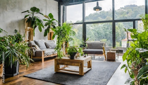 interior design modern loft apartment with lots of plants