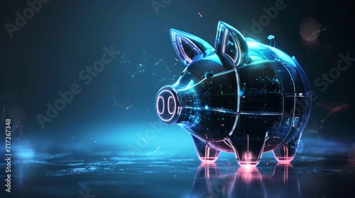 Digital illustration of a futuristic piggy bank with a holographic glow generative ai