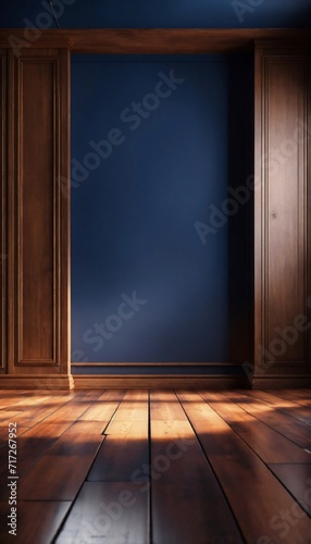 Empty room with wooden floor and dark blue wall