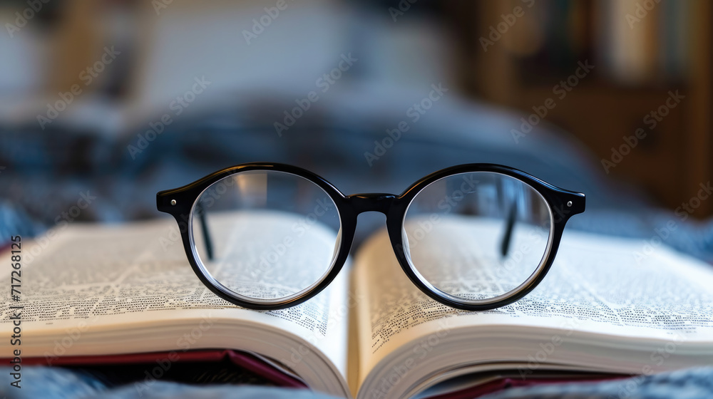 A Pair of Black Rimmed Glasses on an Open Book. A Pair of Black Rimmed Glasses on an Open Book.