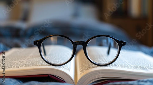 A Pair of Black Rimmed Glasses on an Open Book.