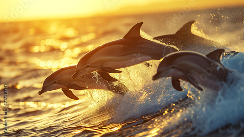 A pod of dolphins gracefully leaping and playing in the ocean waves during the sunset. Wildlife day © Tazzi Art