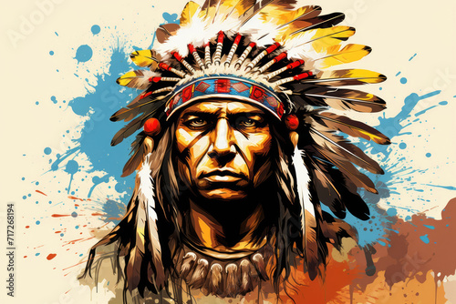 Native american indian chief with headdress on grunge background photo