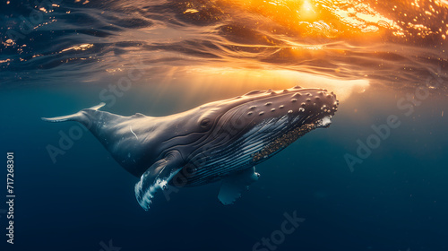 Humpback whale breaching the surface during the evening. World wildlife day concept photo
