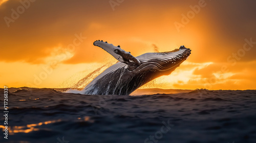 Humpback whale breaching the surface during the evening. World wildlife day concept © Tazzi Art