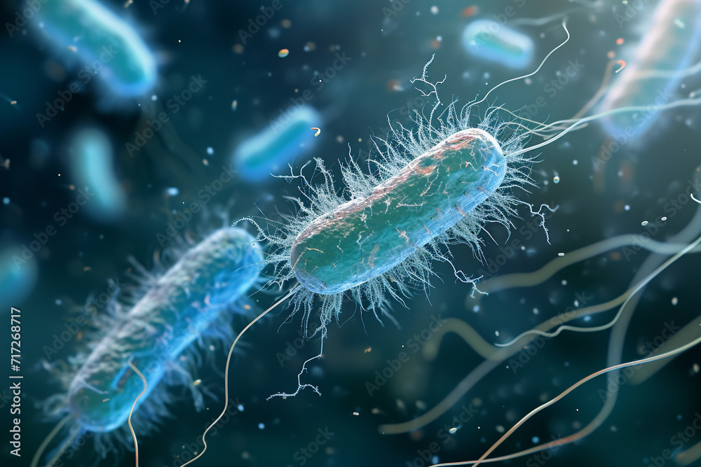 An illustration of bacteria with flagella for movement - obrazy, fototapety, plakaty 
