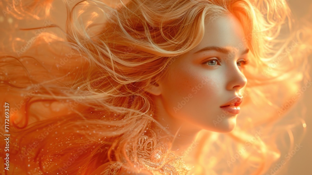 Woman with Dynamic, Wind-Blown Hairstyle in Blonde and Light Copper Tones, Soft Lighting Highlighting Her Profile, Lace Garment, and Gradient Peach Background