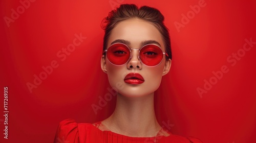 Monochrome Elegance: Chic Woman Against Red Background, Red Outfit and Accessories, Stylish Sunglasses, Confident Pose, Bold Monochrome Effect