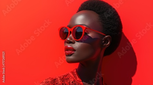 Monochrome Elegance: Chic Woman Against Red Background, Red Outfit and Accessories, Stylish Sunglasses, Confident Pose, Bold Monochrome Effect