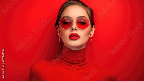 Monochrome Elegance: Chic Woman Against Red Background, Red Outfit and Accessories, Stylish Sunglasses, Confident Pose, Bold Monochrome Effect