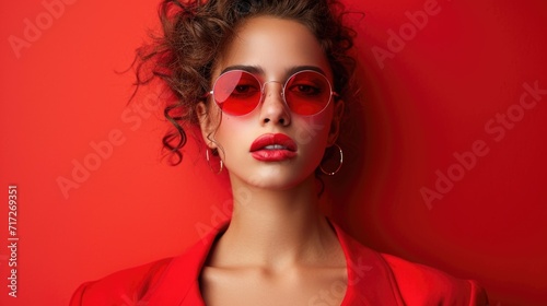 Monochrome Elegance: Chic Woman Against Red Background, Red Outfit and Accessories, Stylish Sunglasses, Confident Pose, Bold Monochrome Effect