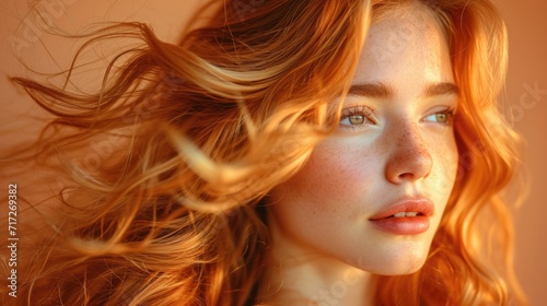Woman with Dynamic  Wind-Blown Hairstyle in Blonde and Light Copper Tones  Soft Lighting Highlighting Her Profile  Lace Garment  and Gradient Peach Background