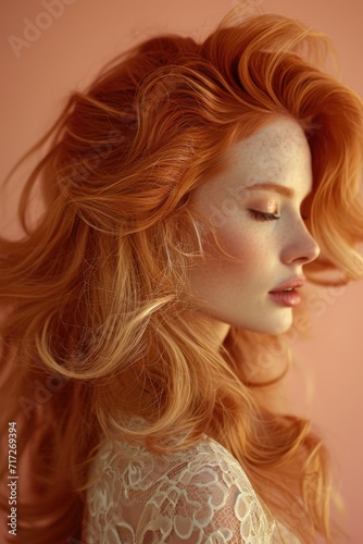 Woman with Dynamic, Wind-Blown Hairstyle in Blonde and Light Copper Tones, Soft Lighting Highlighting Her Profile, Lace Garment, and Gradient Peach Background
