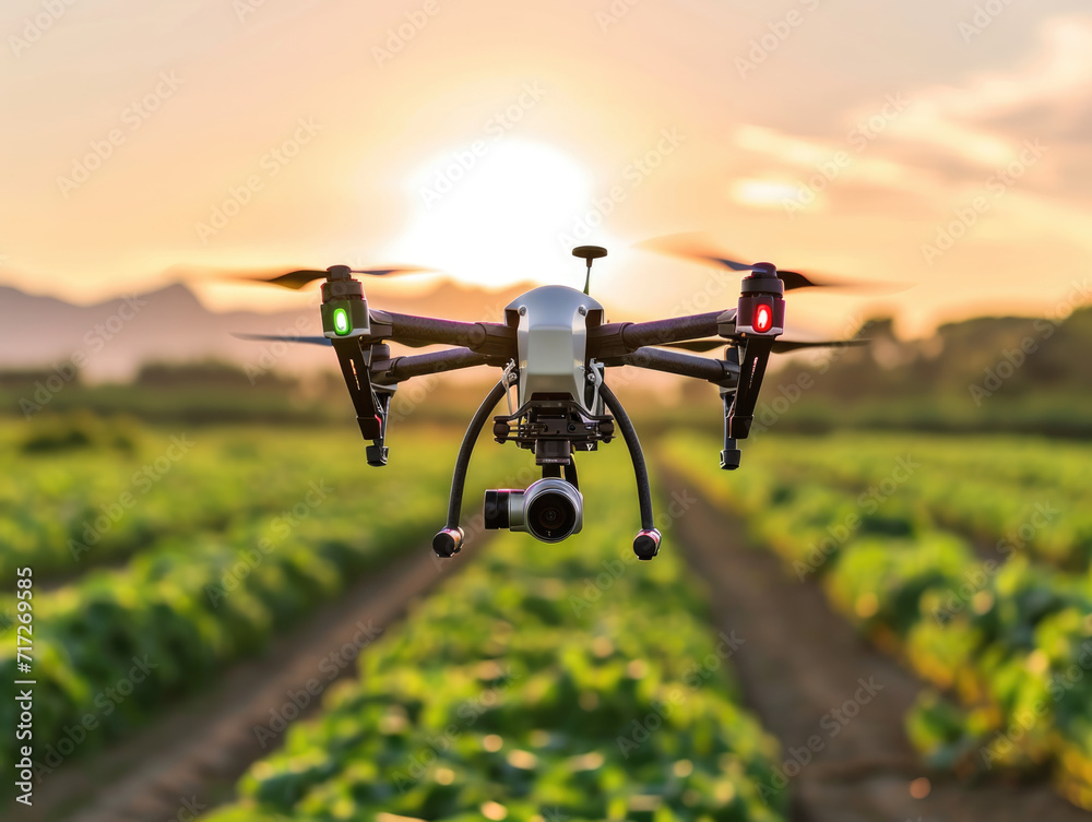 A modern drone flying above an agriculture field A modern drone flying above an agriculture field