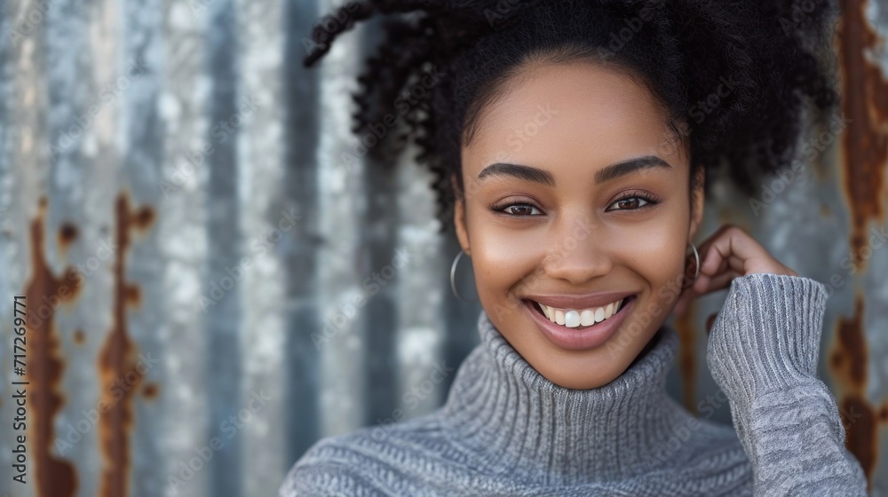 Candid Joy in Urban Setting: Heartwarming Portrait of Smiling Woman with Natural Coiled Hair, Grey Turtleneck, Against Corrugated Metal Wall, Soft Even Lighting Candid Joy in Urban Setting: Heartwarming Portrait of Smiling Woman with Natural Coiled Hair, Grey Turtleneck, Against Corrugated Metal Wall, Soft Even Lighting