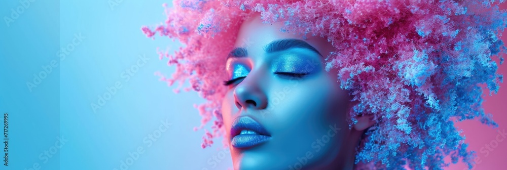 Avant-Garde Sculptural Hairstyle: Woman with Pastel Pink to Sky Blue Hair Transition, Matte Turquoise Skin, Vibrant Makeup, Serene Pose Against Magenta to Blue Gradient Backdrop