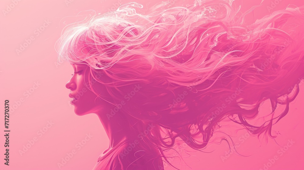 Dynamic Cotton Candy Pink Hair: Woman with Wind-Blown Flowing Mane, Minimal Attire, Pink Background Enhancing Motion and Softness of Hair Texture