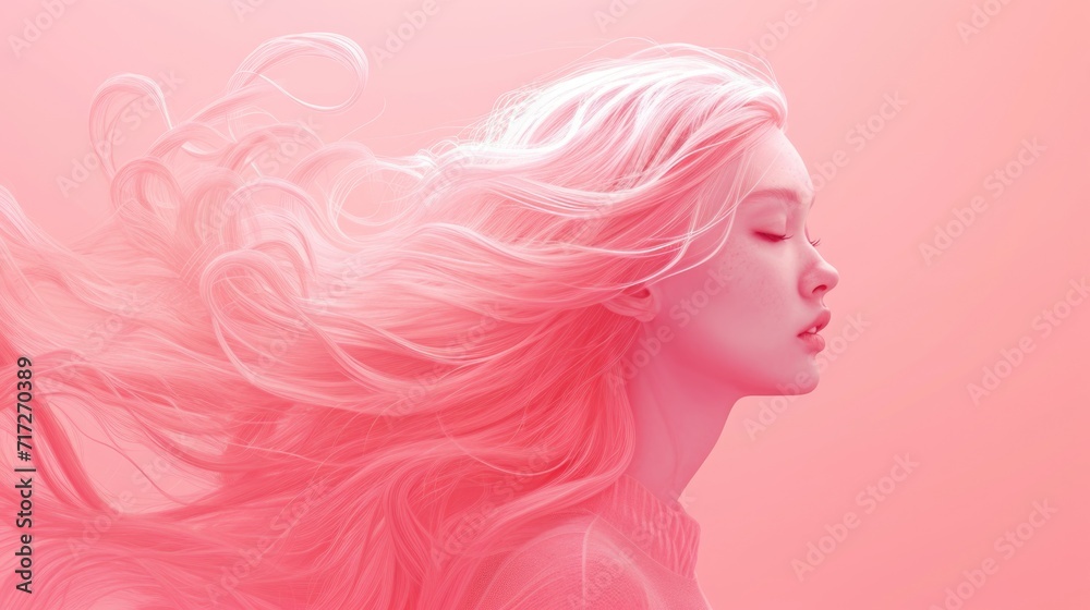 Dynamic Cotton Candy Pink Hair: Woman with Wind-Blown Flowing Mane, Minimal Attire, Pink Background Enhancing Motion and Softness of Hair Texture Dynamic Cotton Candy Pink Hair: Woman with Wind-Blown Flowing Mane, Minimal Attire, Pink Background Enhancing Motion and Softness of Hair Texture