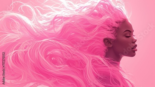 Dynamic Cotton Candy Pink Hair: Woman with Wind-Blown Flowing Mane, Minimal Attire, Pink Background Enhancing Motion and Softness of Hair Texture