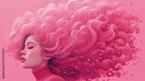 Dynamic Cotton Candy Pink Hair: Woman with Wind-Blown Flowing Mane, Minimal Attire, Pink Background Enhancing Motion and Softness of Hair Texture © Ivy