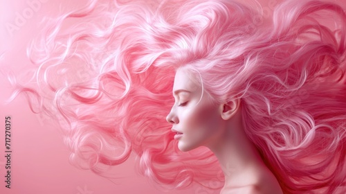 Dynamic Cotton Candy Pink Hair: Woman with Wind-Blown Flowing Mane, Minimal Attire, Pink Background Enhancing Motion and Softness of Hair Texture