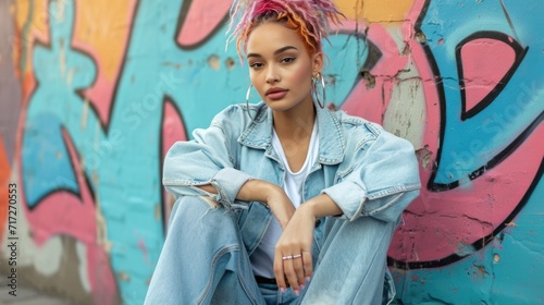Urban Casual  Young Woman with Pastel Pink and Orange Hair  Denim Jacket  Sitting by Vibrant Graffiti Wall  Relaxed Posture  Cool Street Style