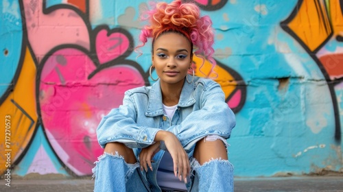 Urban Casual: Young Woman with Pastel Pink and Orange Hair, Denim Jacket, Sitting by Vibrant Graffiti Wall, Relaxed Posture, Cool Street Style
