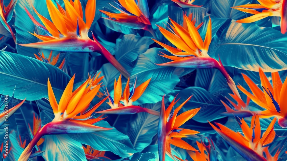 Exotic bird of paradise flowers in a dynamic mix of orange and blue hues generative ai