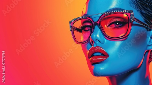 Vibrant Pop-Art Style Portrait: Woman with Sleek Side-Parted Hair, Dramatic Makeup, Studded Oversized Sunglasses, Glossy Red Lips, Bright Solid Background, High-Contrast
