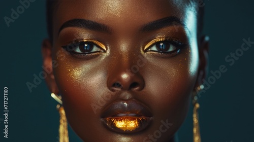 Moody Elegance: Woman with Metallic Gold Lipstick, Smoky Eyes, Powerful Aura, Highlighted Cheekbones, Minimalistic Gold Jewelry, Sleek Shaved Hairstyle, Dusky Ambiance
