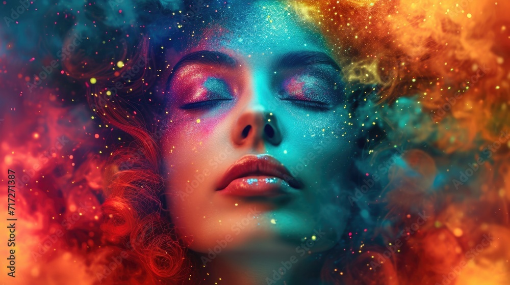 Surreal Artistic Vision: Woman with Hair and Makeup Transforming into Watercolor Splashes, Kaleidoscope of Colors, Dreamy Expression, Blend of Reality and Fantasy
