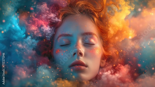 Surreal Artistic Vision: Woman with Hair and Makeup Transforming into Watercolor Splashes, Kaleidoscope of Colors, Dreamy Expression, Blend of Reality and Fantasy