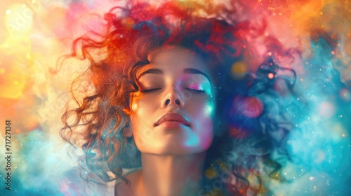 Surreal Artistic Vision  Woman with Hair and Makeup Transforming into Watercolor Splashes  Kaleidoscope of Colors  Dreamy Expression  Blend of Reality and Fantasy