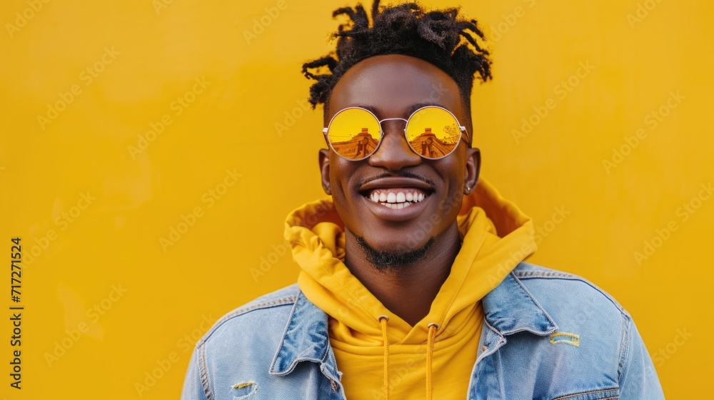 Sunny Disposition: Cheerful Man in Yellow Hoodie, Denim Jacket, Round Yellow-Tinted Sunglasses, Wide Smile, Vibrant Yellow Background Sunny Disposition: Cheerful Man in Yellow Hoodie, Denim Jacket, Round Yellow-Tinted Sunglasses, Wide Smile, Vibrant Yellow Background