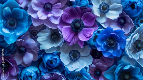 Exotic tropical anemone flowers with a vibrant mix of blues and purples generative ai photo