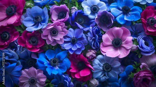 Exotic tropical anemone flowers with a vibrant mix of blues and purples generative ai