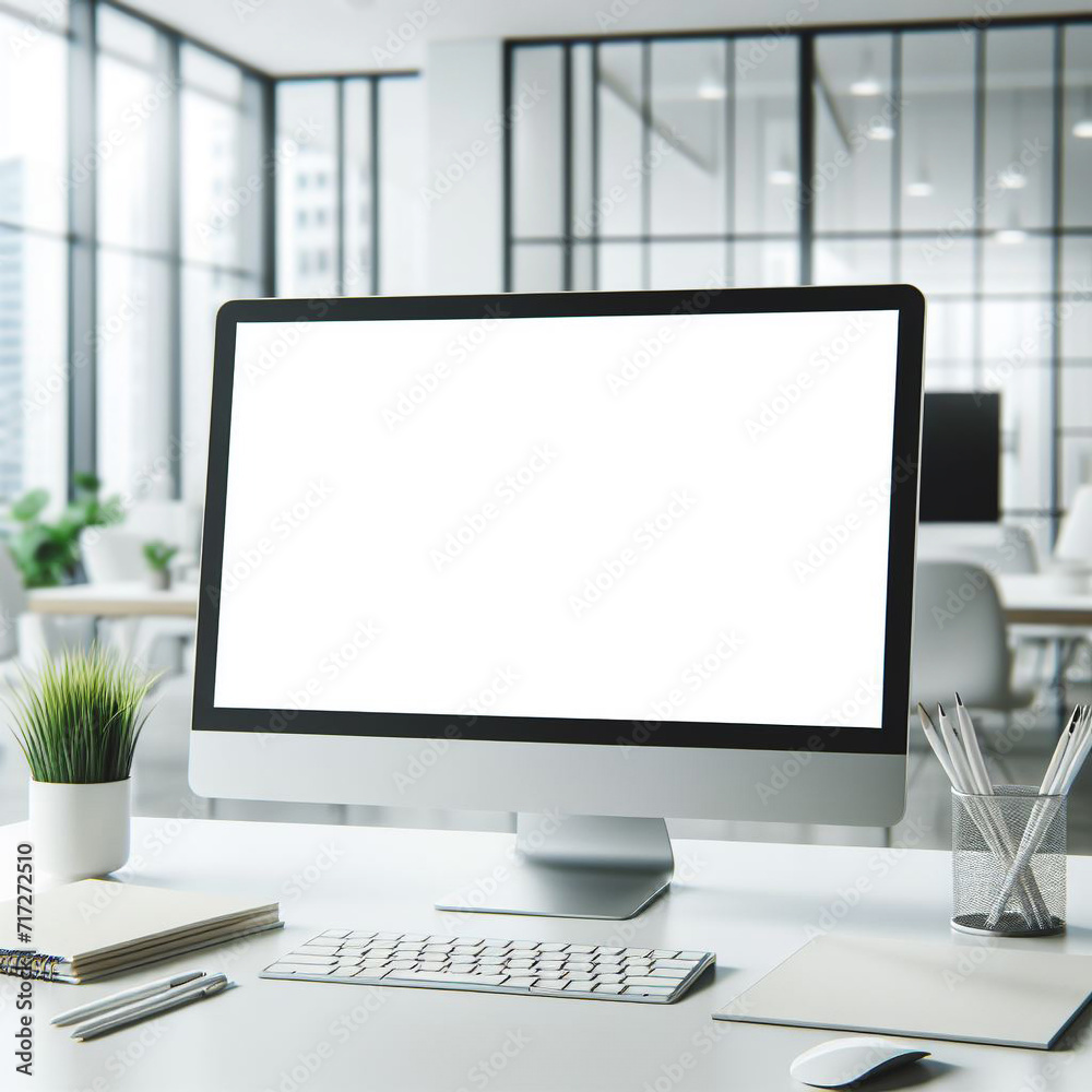 Fototapeta premium Blank computer screen, Blur modern office .