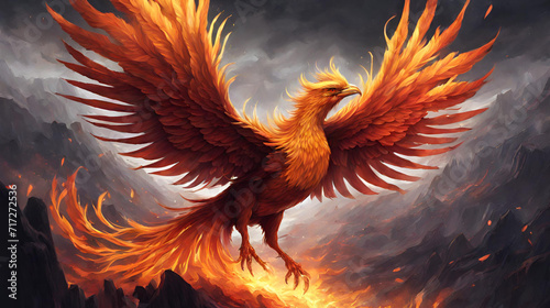 Magic phoenix bird background, A phoenix bird rising from the ashes trail cam footage photorealistic hype ornate details, Phoenix emerging © Muneeb