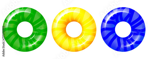 Set of bright swimming rings isolated on a transparent background. Top view. Symbol of summer time, summer, vacation and relaxation at sea. Vector 