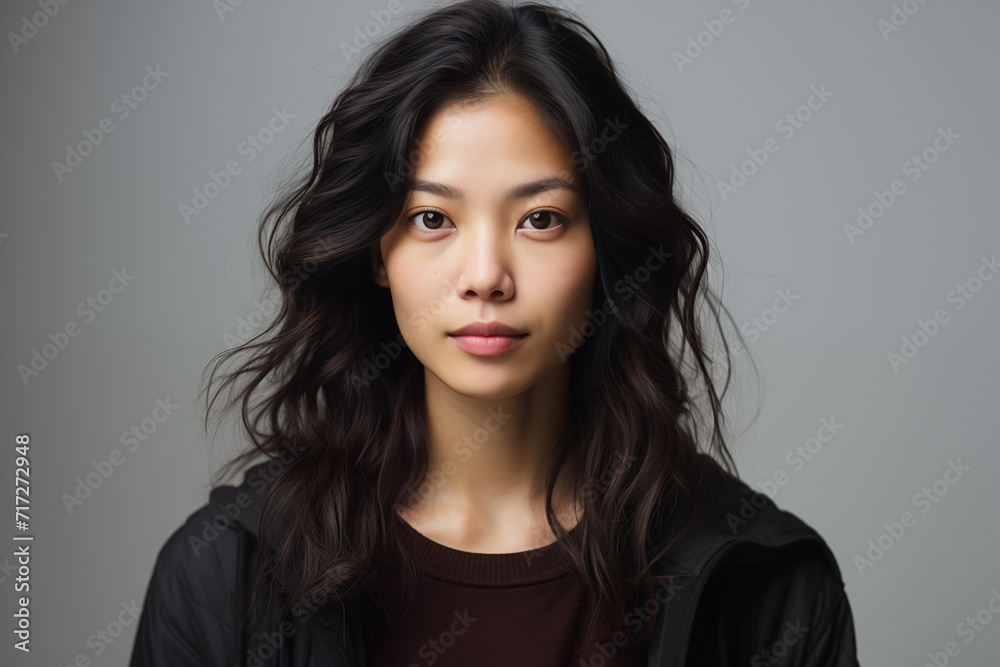 Portrait of a 30 years old asian woman in casual dress looking at the camera. studio shot, isolated, grey background. Generative AI Portrait of a 30 years old asian woman in casual dress looking at the camera. studio shot, isolated, grey background. Generative AI