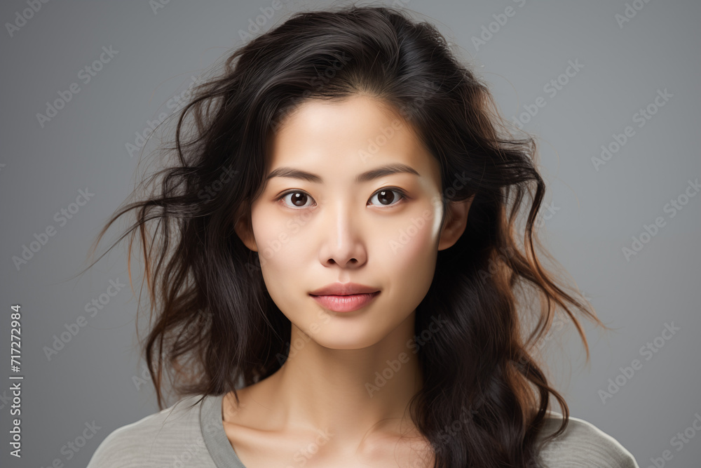 Portrait of a 30 years old asian woman in casual dress looking at the camera. studio shot, isolated, grey background. Generative AI Portrait of a 30 years old asian woman in casual dress looking at the camera. studio shot, isolated, grey background. Generative AI