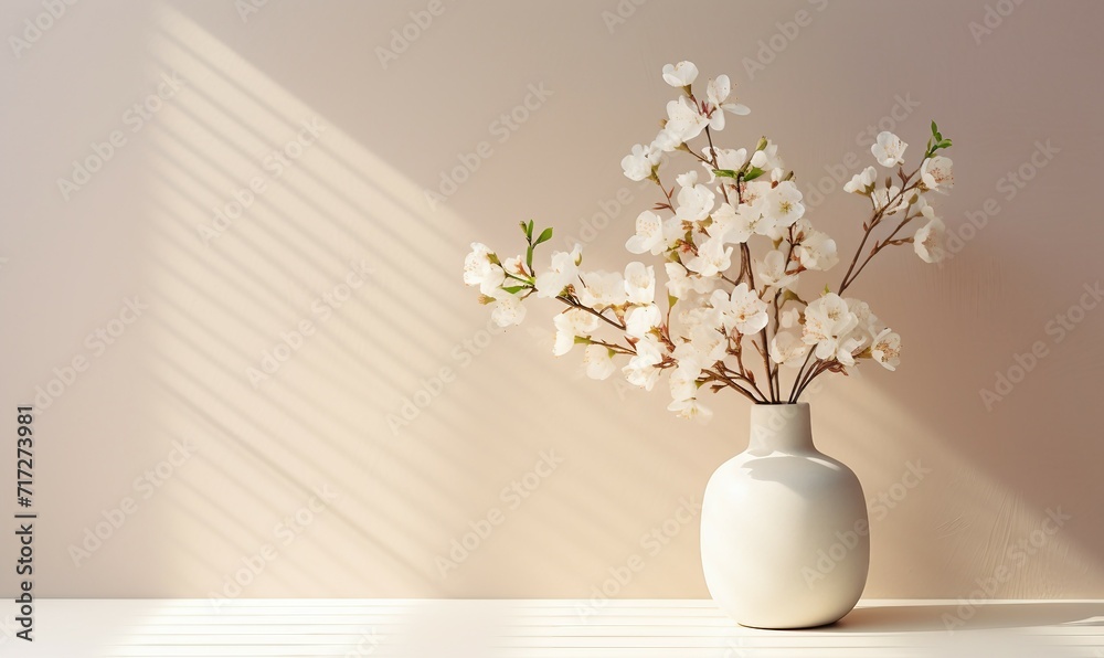 Bouquet of cherry blossoms in vase on white wooden table