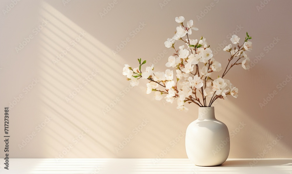Bouquet of cherry blossoms in vase on white wooden table Bouquet of cherry blossoms in vase on white wooden table