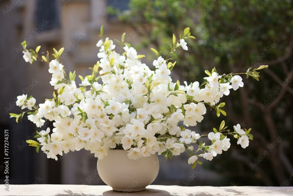 Stunning alfresco arrangement adorned with elegant white blossoms for a special celebration. Generative AI