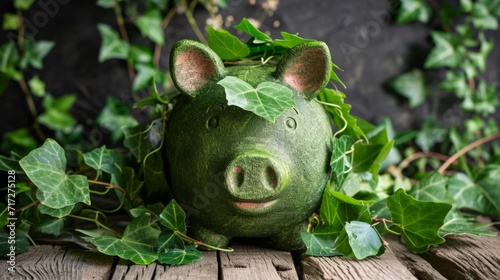 Green eco-friendly piggy bank with leaves and vines generative ai