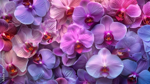 Lush orchid blooms in a vibrant array of purples and magentas generative ai