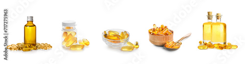 Set of fish oil pills isolated on white
