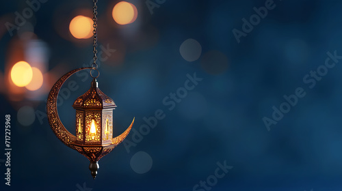 Glowing ramadan lantern with crescent. Islamic greeting cards for muslim holidays and ramadan. Banner template for celebration ramadan. photo