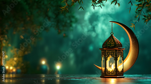 Ramadan lantern in the green dark background photo